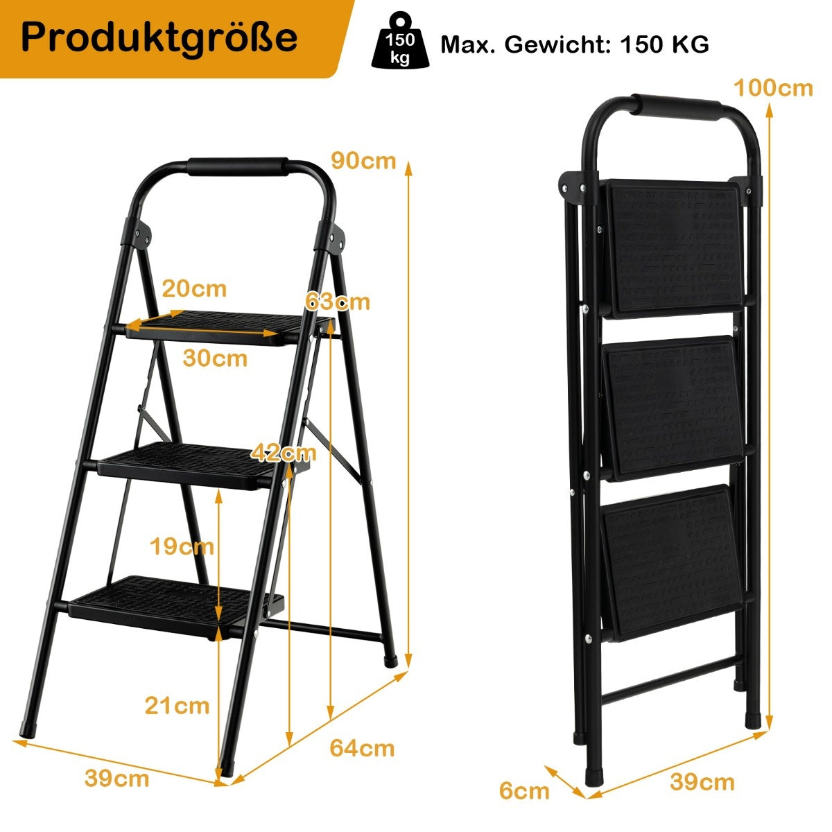 Coast Step Ladder met 3 niveaus opvouwbare klimhulp met niet -slip stappen 64 x 39 x 90 cm zwart