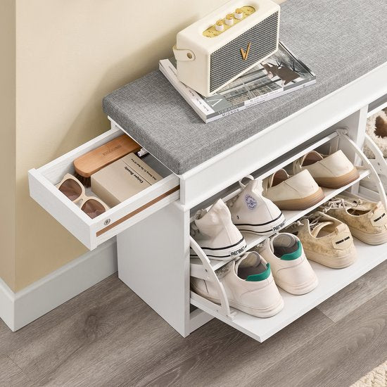 SoBuy FSR64-WG Schoenenkast, schoenenbank, schoenen, entree, 2 kleppen met afneembaar kussen, opbergdoos, rek voor smalle entree, 104 x 24 x 51 cm, antiek houteffect, wit