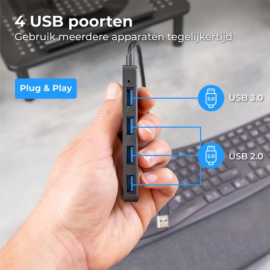 Nuvance - USB 3.0 Hub - 4 Poorten - Inclusief USB C Converter - USB Splitter - Zwart