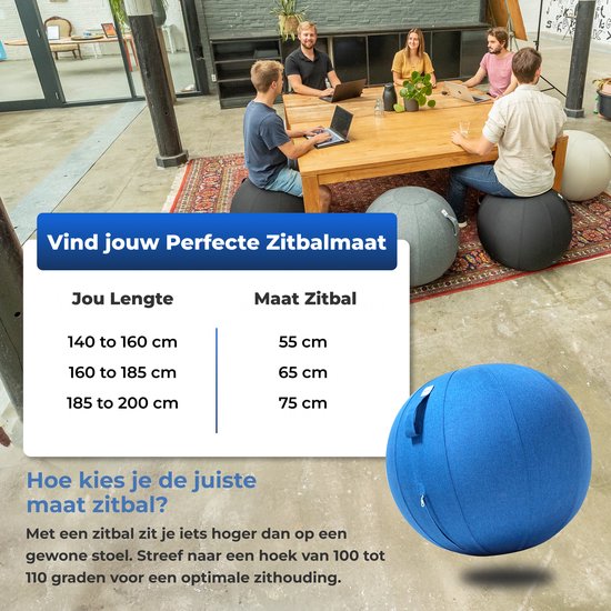 Backerz Zitbal 65 CM - Zitballen met Hoes Linnen - Ergonomische Bureaustoel Kantoor en Thuis - Luxe Yoga Bal - Licht Blauw