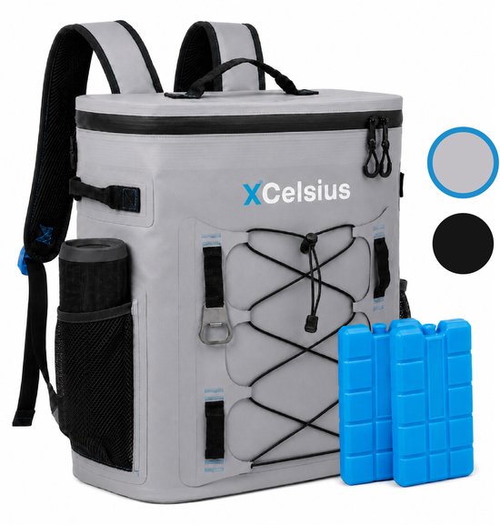 XCelsius® Koeltas Rugzak 20 Liter – Koelrugzak met 2 Koelelementen en Flessenopener – Minstens 24 Uur Koel – 100% Waterdicht – Koelrugtas voor Strand, Festival, Boot en Camping – Grijs