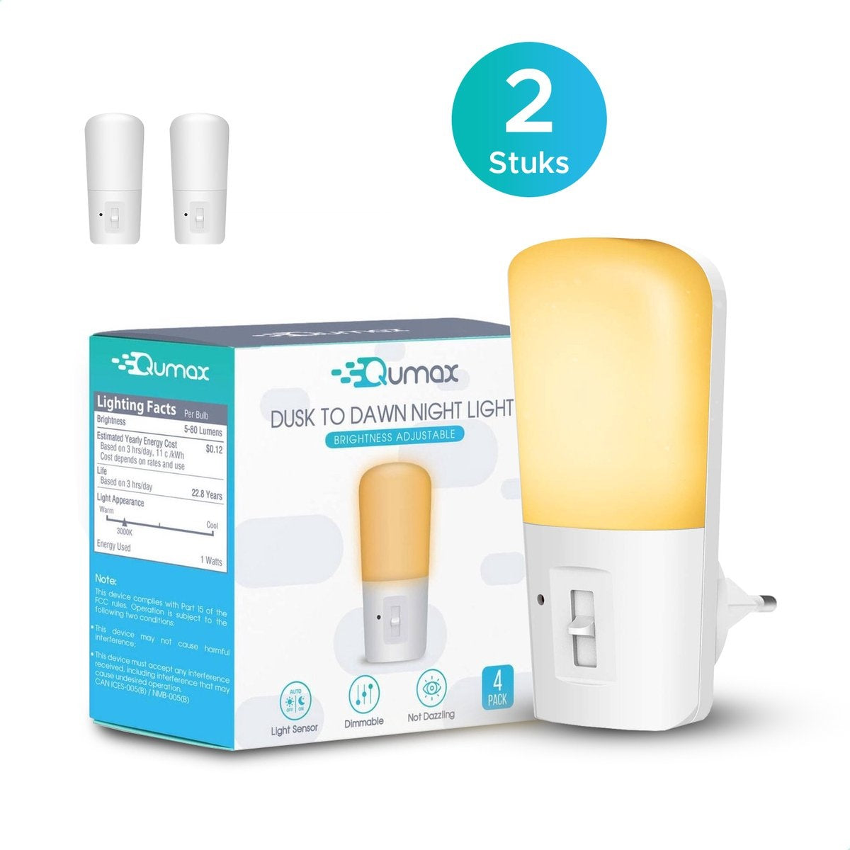 Qumax LED Nachtlampje Stopcontact 2 stuks - Dimbare Nachtlampjes met Sensor - Nachtlampje Babykamer - Nacht Lamp - Dag en Nacht Sensor - Kinderen & Baby - Wit