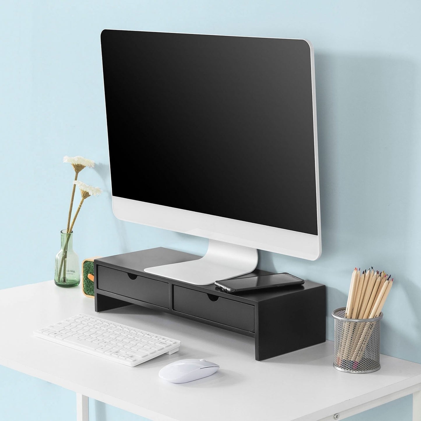 SoBuy BBF02-Sch Monitorstandaard Computerstandaard Bureau-organizer met 2 Laden - 47x11x18cm (Zwart)