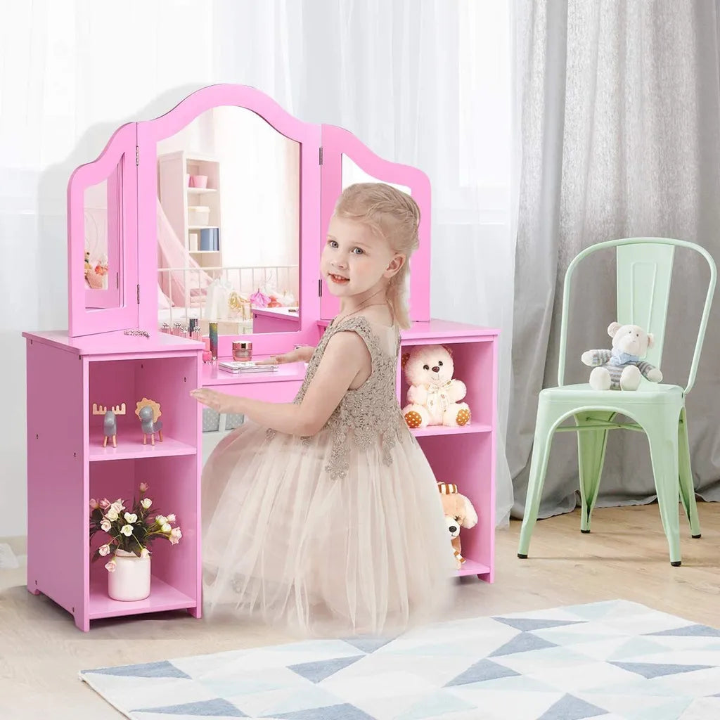 Coast 2 in 1 kaptafel met verwijderbare spiegel en open houten compartimenten voor kinderen van 3 jaar roze
