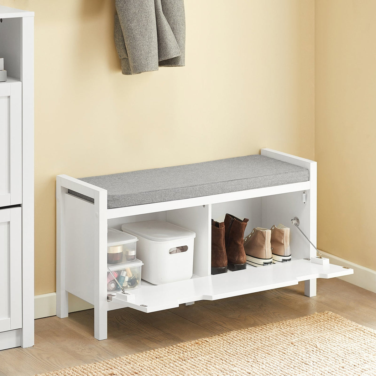 SoBuy Schoenenbank met 2 laden - Max. 150 kg - 91 x 30 x 50 cm - Wit/ Grijs