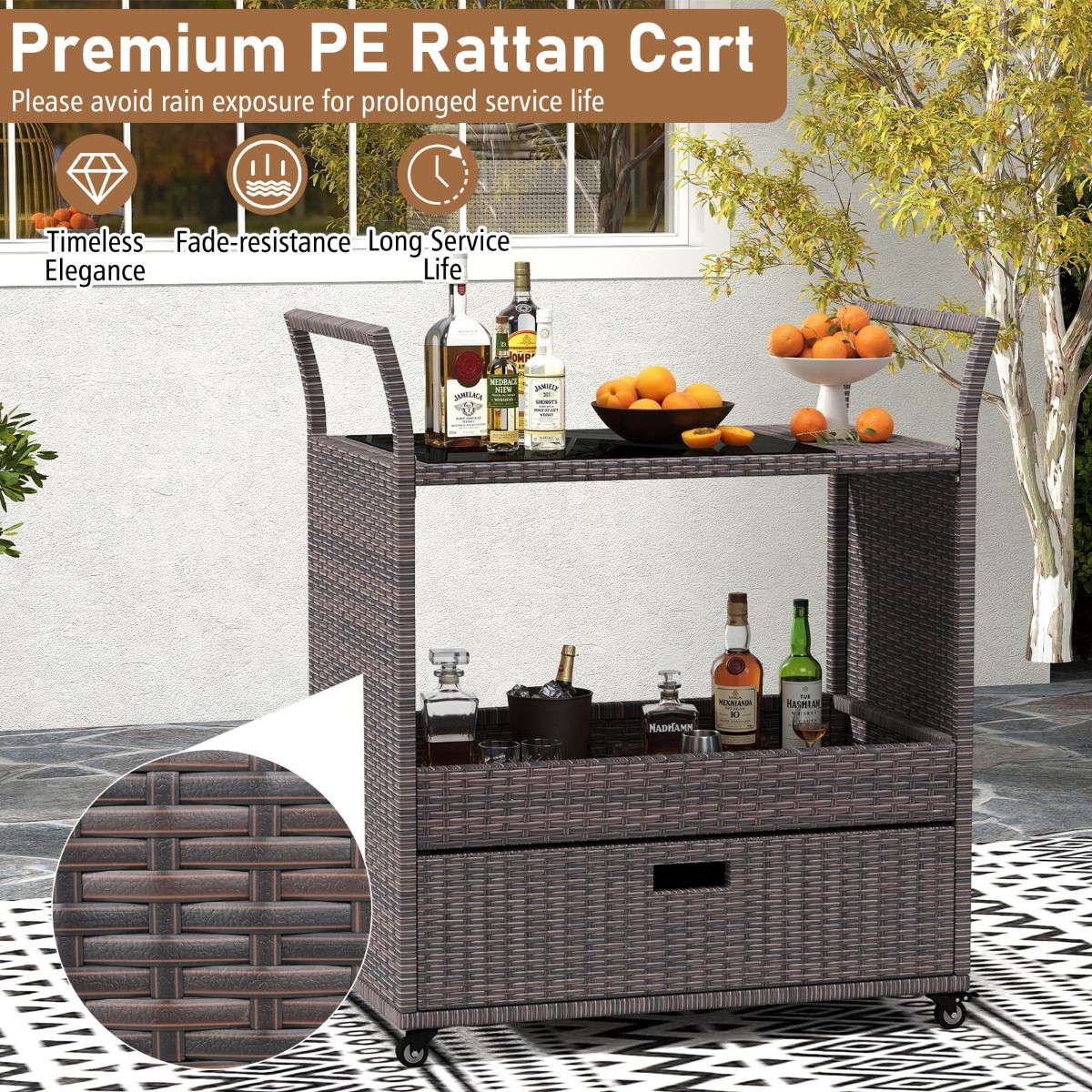 Coast Rieten Barwagen - met gehard glazen blad - grote lade en open plank - bruin - 85 x 47 x 92 cm