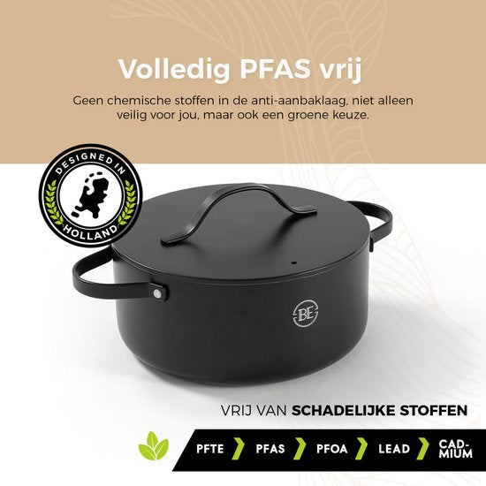 BE Living Essential Braadpan met Deksel - Ø 24 cm - Kookpan - Keramisch - PFAS vrij - Inductie - Zwart