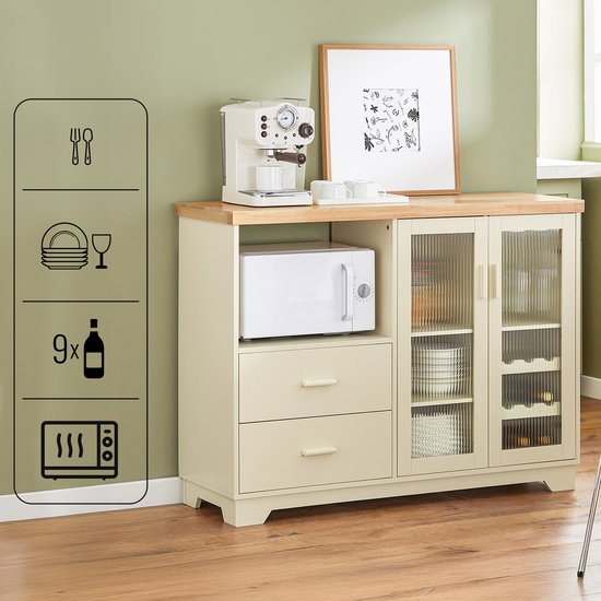 SoBuy Buffetkast Met Laden – 120 x 40 x 90 cm & Met Glazen Deuren – Voorzien Van Interne Planken En Flessenrek – Beige Gelakt Mdf