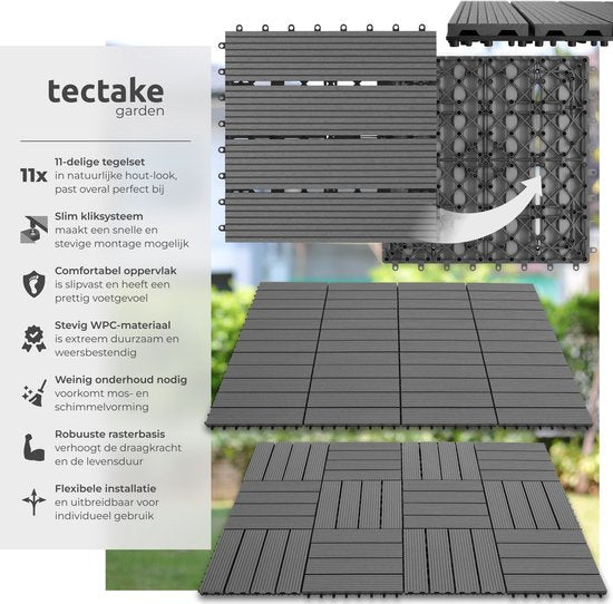 tectake® WPC houten tegels - Houtlook tegels - Weerbestendig - Vloerbedekking voor buiten - Vloertegels - Balkonvloer - Terrastegels met kliksysteem - Afvoer - Set van 11 - Grijs
