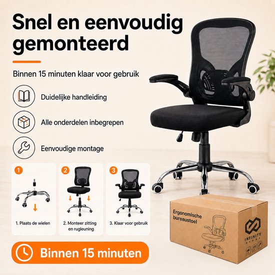 Infinity Goods Ergonomische Bureaustoel - Office Chair - 4D Lendensteun & Mesh - Opklapbare Armleuningen - Tot 150kg - NEN-EN1335 - Zwart