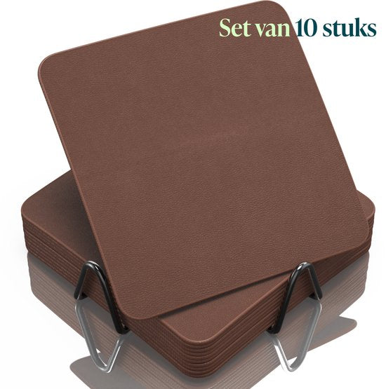 Castagnola Kunstlederen Onderzetters – Onderzetters voor Glazen – Design Onderzetters met Houder – Leren Onderzettersset met metalen houder – Leder – Set van 10 - Bruin - 10x10cm