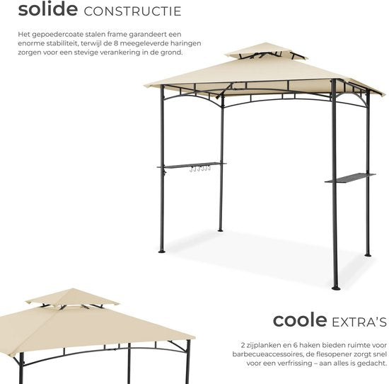 tectake® Barbecue Paviljoen - BBQ Overkapping - 240 x 150 x 250 cm - Tuinpaviljoen - Weerbestendig - UV-Bescherming - Dubbel Daksysteem - Gazebo met Ophanghaken, Roosterplanken en Flesopener - Grillpaviljoen - Zandkleur