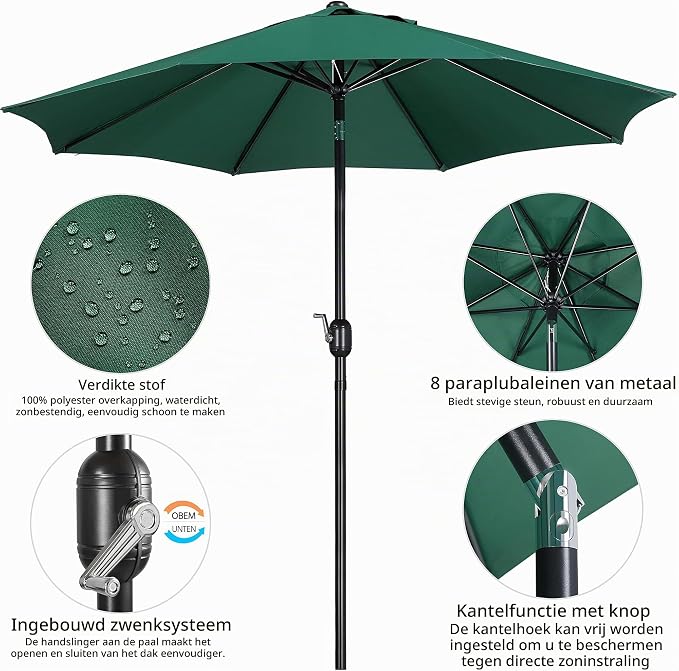 Yaheetech Parasol - Ø 270 cm - Kantelbaar - Met Zwengel - Donkergroen