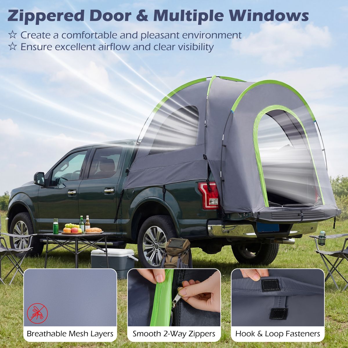 Coast Pick-uptruck Achtertent - voor 4 personen - afneembare regenhoes - groen en grijs