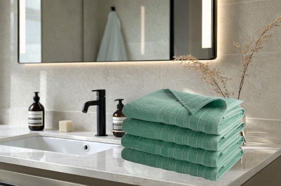 DoubleLife Handdoeken XL 70x140 cm - Set van 4 - 100% Katoen, waarvan 50% Gerecyclede Katoen - GRS Gecertificeerd - Stone Green