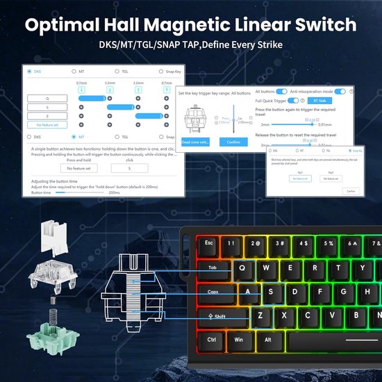 ATTACK SHARK X68HE - Magnetische Schakelaar Bedraad Gaming Toetsenbord - 66 toetsen - RGB - Zijde Gedrukte PBT-toetsen - Decoratieve Koord - 8Khz - 0.01mmRT - 0.125ms - Witte Contourlijn