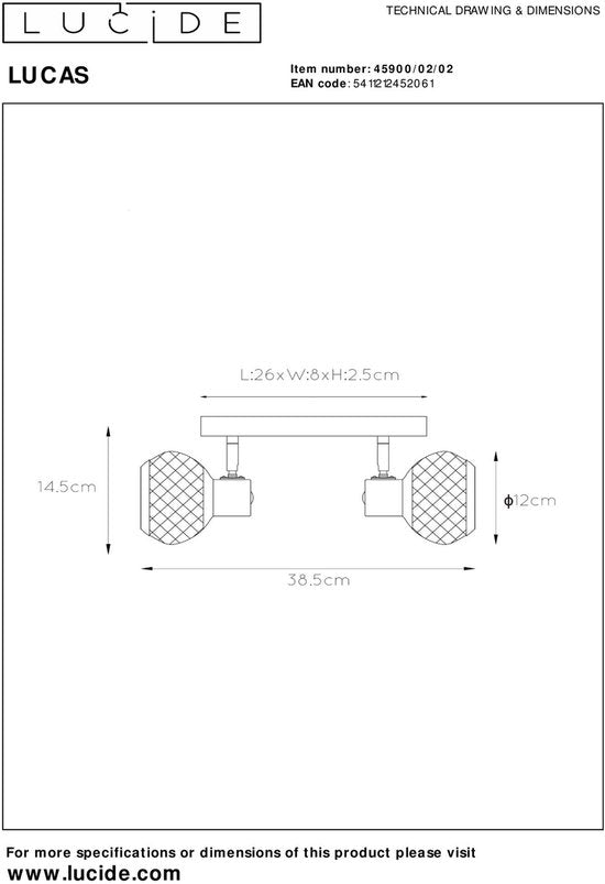 Lucide LUCAS - Plafondspot (Plafondlamp) - 2xE14 - Mat Goud / Messing