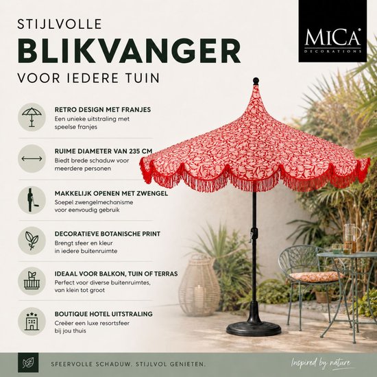 Mica Decorations Kelly Parasol met Draagtas - Stokparasol 238 x Ø235 cm - Tuin of Balkonparasol - Polyester, Staal - Rood