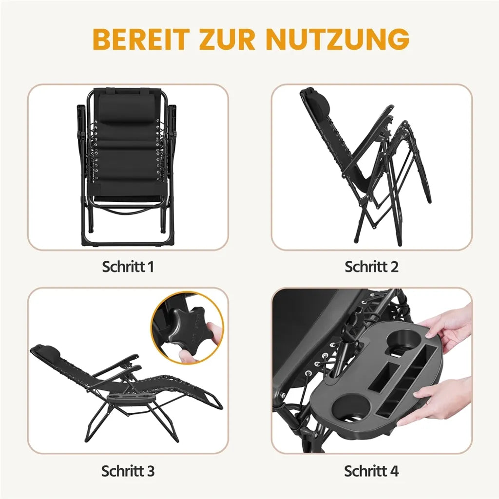 Yaheetech Set van 2 Zero Gravity Ligstoelen - Zwart - Opvouwbare Relaxstoelen met Hoofdkussen en Bekerhouder