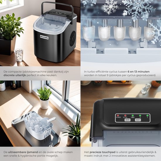 tectake® IJsblokjesmachine Arctic - 1,2L - 2 IJsblokjes Formaten - IJsmachine - Ice cube maker - IJsblokjesmaker met IJsschep - Zwart