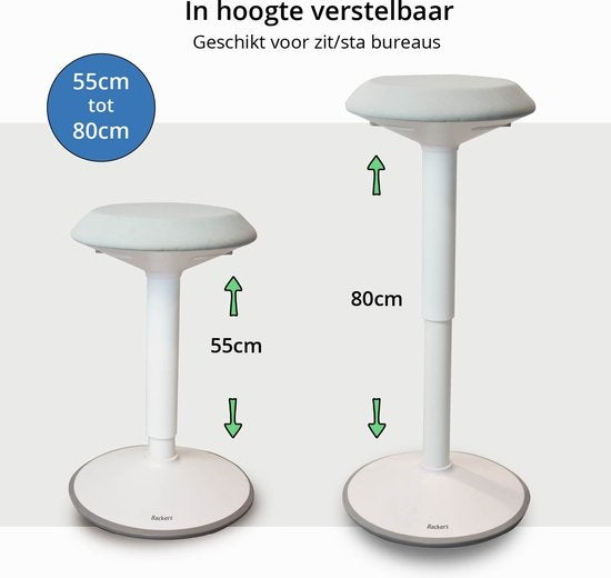 Bckz Wiebelkruk Wit| Hoogte 55-80cm | Balanskruk | Zit-sta kruk | Ergonomische bureaustoel | zadelkruk