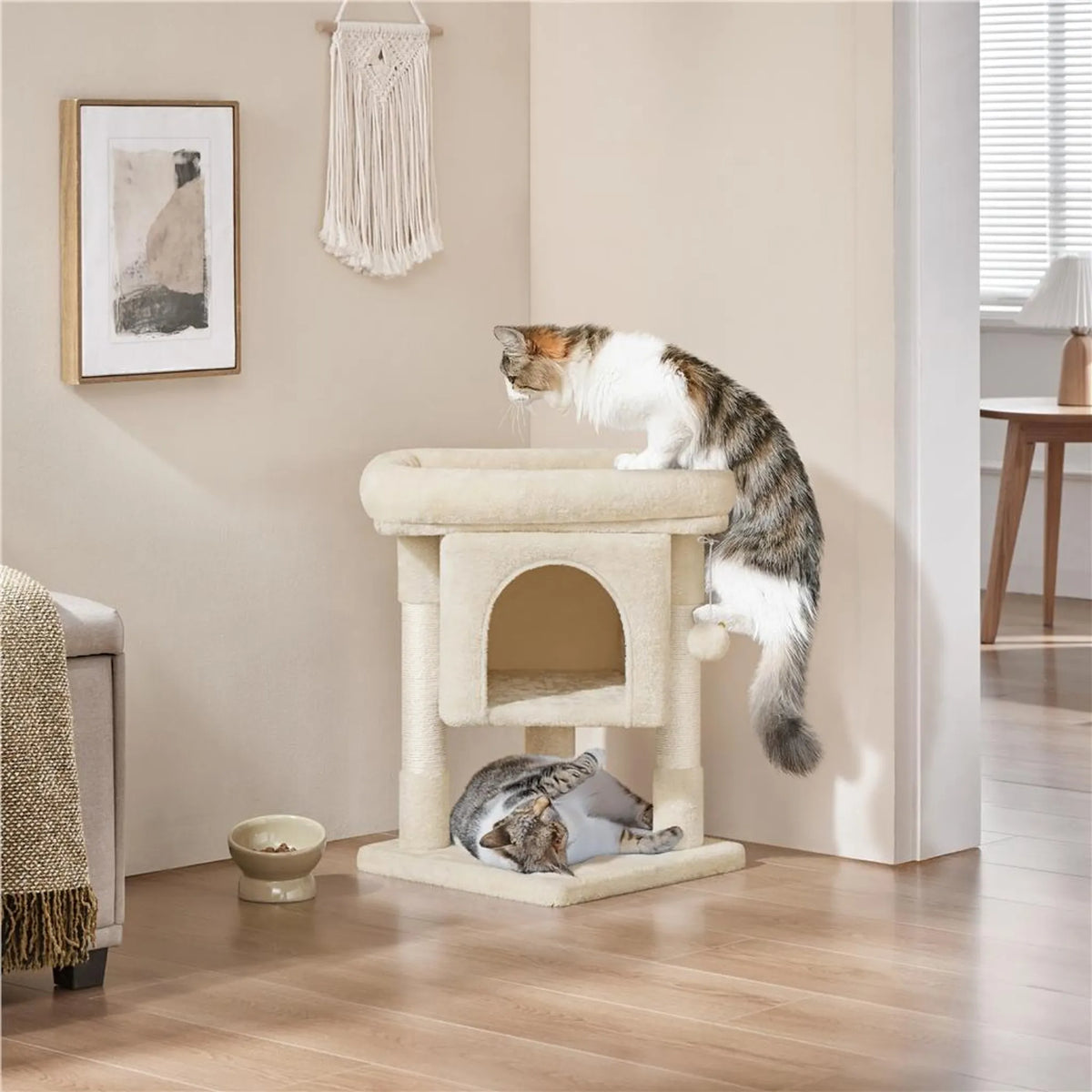 Yaheetech Krabpaal Met Kattenhol – Voorzien Van Sisal Krabpalen En Hangmat En Zachte Ligplek – Voor Kittens En Kleine Katten – Beige Pluche En Spaanplaat – 40,5 x 40,5 x 59 cm