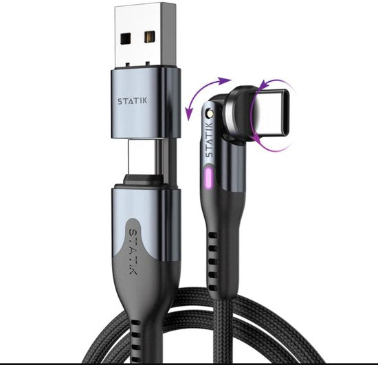 Statik PowerPivot Pro 360 - USB-C/USB-A naar USB-C- 1m - 100W - 480 Mbps Gegevensoverdracht - Nylon Gevlochten - Zwart