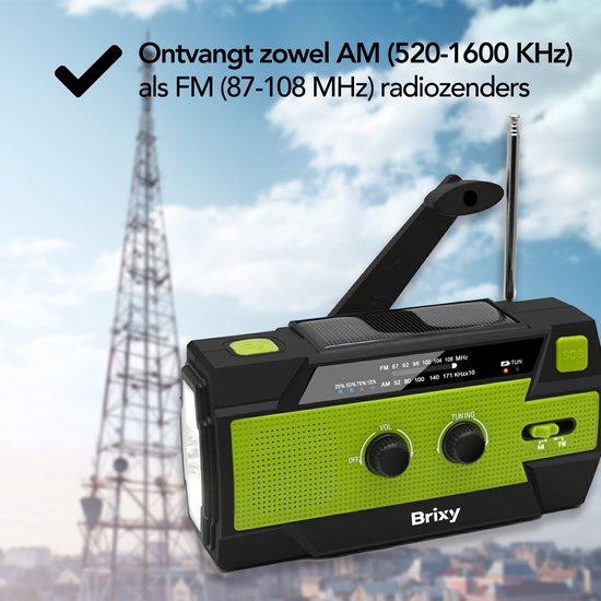 Brixy Noodradio - Radio Met Accu Batterij Voor Noodsituaties - 4000 MAH - Opwindbaar - Solar - Zaklamp - Powerbank - Groen