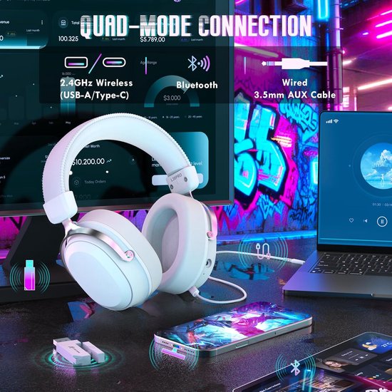 ATTACK SHARK L30PRO Draadloze Gaming Headset - 7.1 Surround Sound - 50mm Drivers - 20ms Lage Latency - Afneembare Microfoon met Ruisonderdrukking - Frame van Aluminiumlegering - Tri-Mode Connectiviteit - Over-Ear Headset - Wit