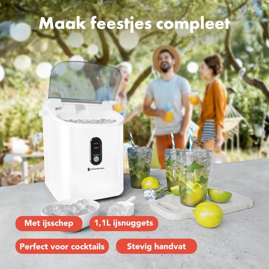 KitchenBrothers Nugget IJsblokjesmachine - 1.1L - Crushed Ice Maker met IJsschep – Draagbaar - 15kg/24 uur - Wit