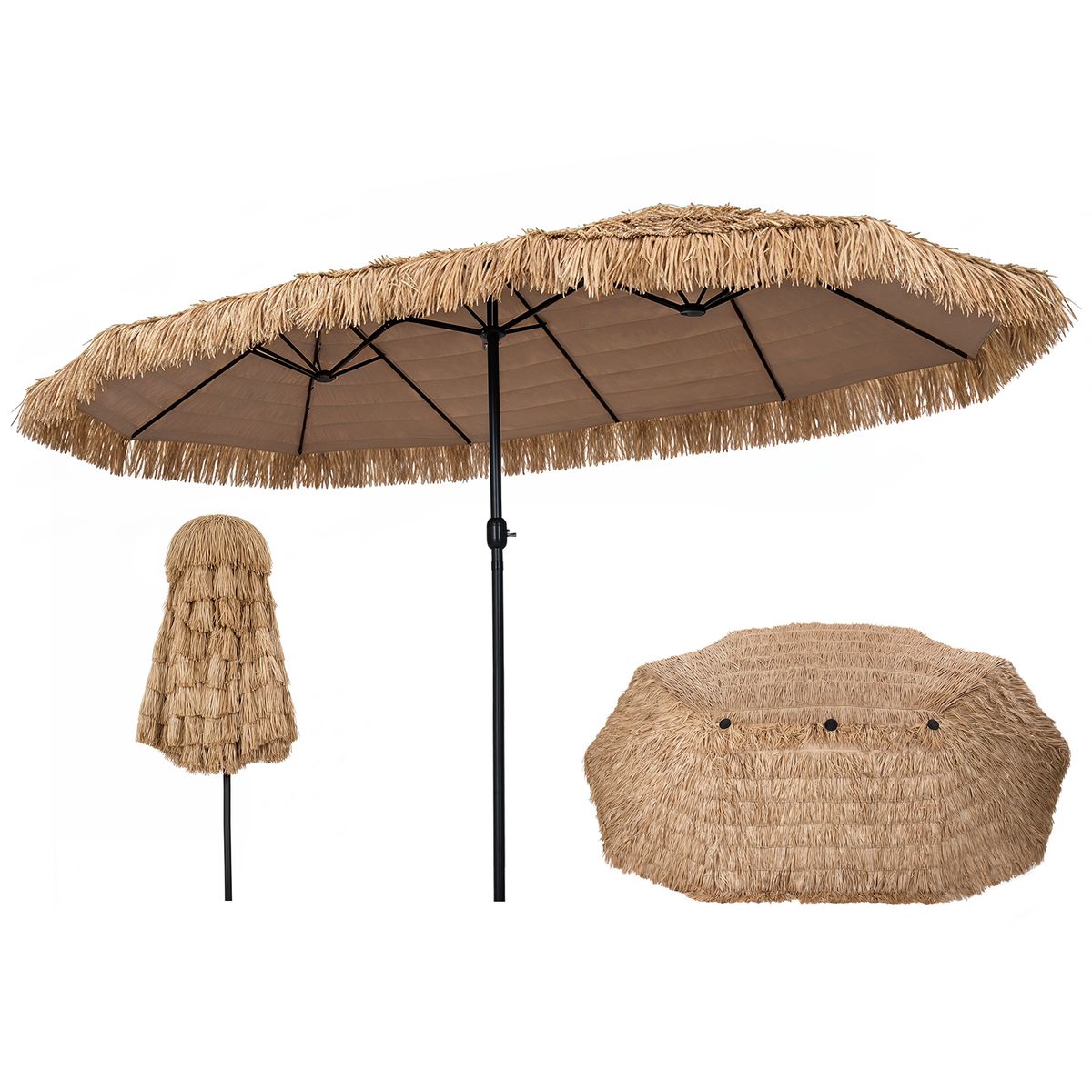 Coast Dubbele Stroparasol - tropische Hawaiiaanse stijl - zonder lamp, zonder parasolhouder - 450 x 270 cm - naturel