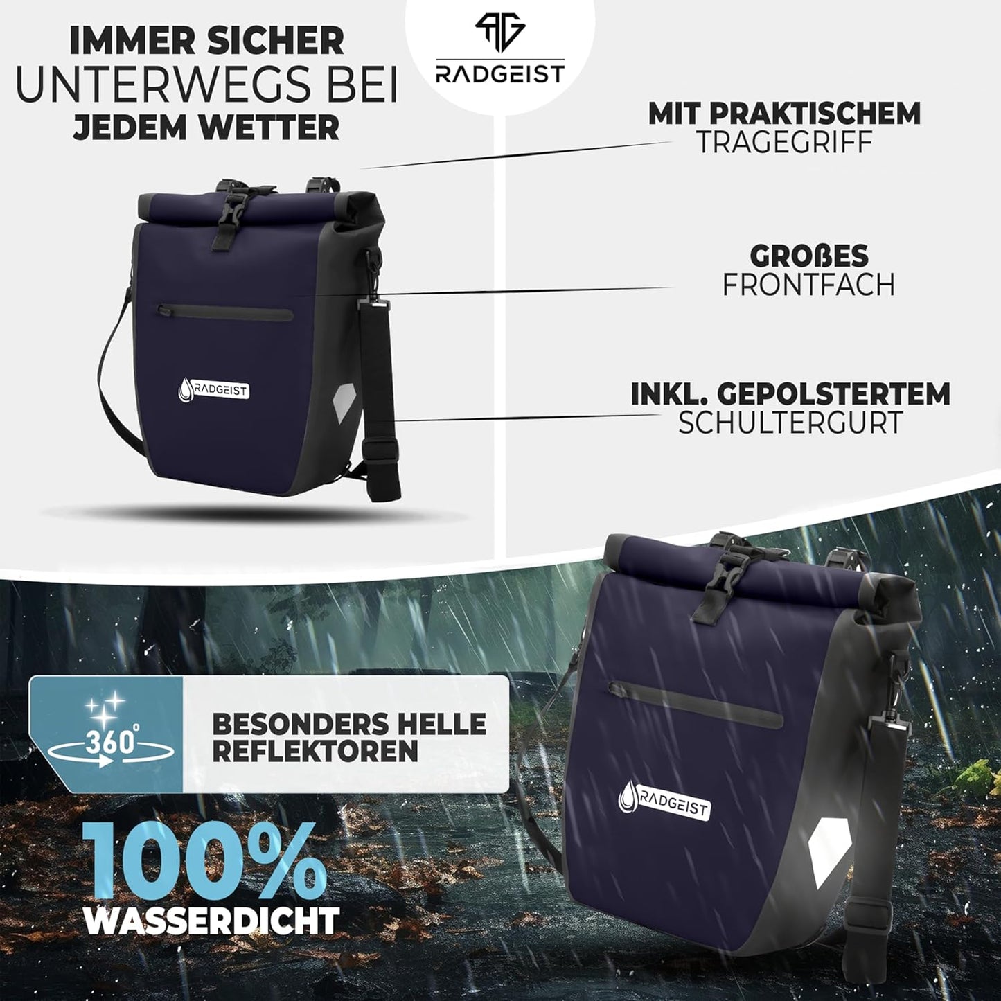 Fietstas voor bagagedrager - Tas voor fietsbagagedrager - Bagagedraagtas waterdicht & schoudertas - Fietstas met reflectoren