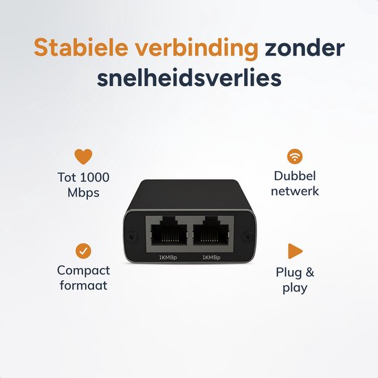 Skoov Internet Splitter 1 in 2 out - Netwerk Switch met 2 Poorten - 1000Mbps - RJ45, Cat5, Cat6, LAN, UTP, Ethernet splitter - Adapter - Zwart