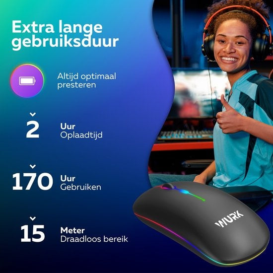 Wurk Draadloze RGB Muis – Oplaadbaar – Bluetooth 4.0 – 2.4GHz – USB – Draadloos – Computermuis – Laptop – PC – Zwart