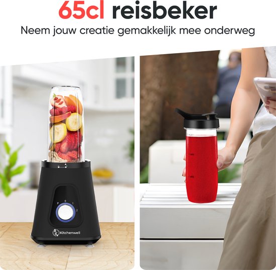 Kitchenwell Blender - Krachtige 1300 Watt Smoothieblender - 1.75 Liter - Glazen Kan - 3 Standen - Inclusief Sportbeker - RVS/Zwart