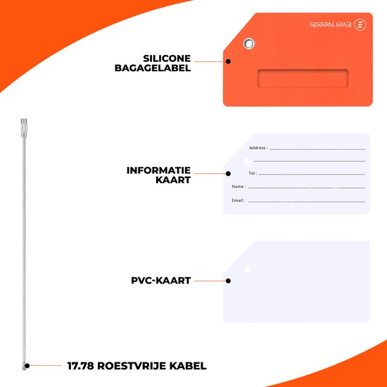 EverNeeds Bagagelabels Siliconen – Oranje – 5 Stuks – Kofferlabels voor Reizen
