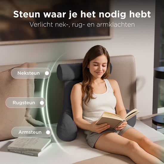 Cozysense® - Leeskussen - Leeskussen voor in Bed - Bookseat - Ergonomisch Zitkussen met Boucléstof - Boekkussen - Lees Kussen - Groot Formaat Steun voor Rug, Nek en Armen - Relax Kussen - Verstelbare Vulling - CertiPUR® - Afneembare Hoes - Grijs