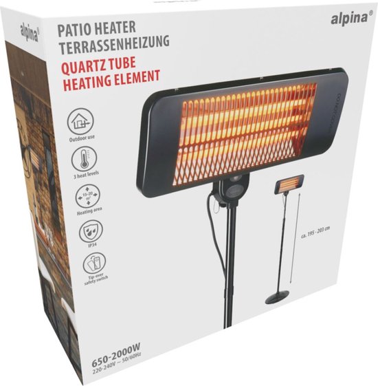 alpina Infrarood Verwarming Staand - Terras Heater 2000W 3 Warmtestanden - Spatwaterdichte Terrasheater IP24 met Infrarood Paneel