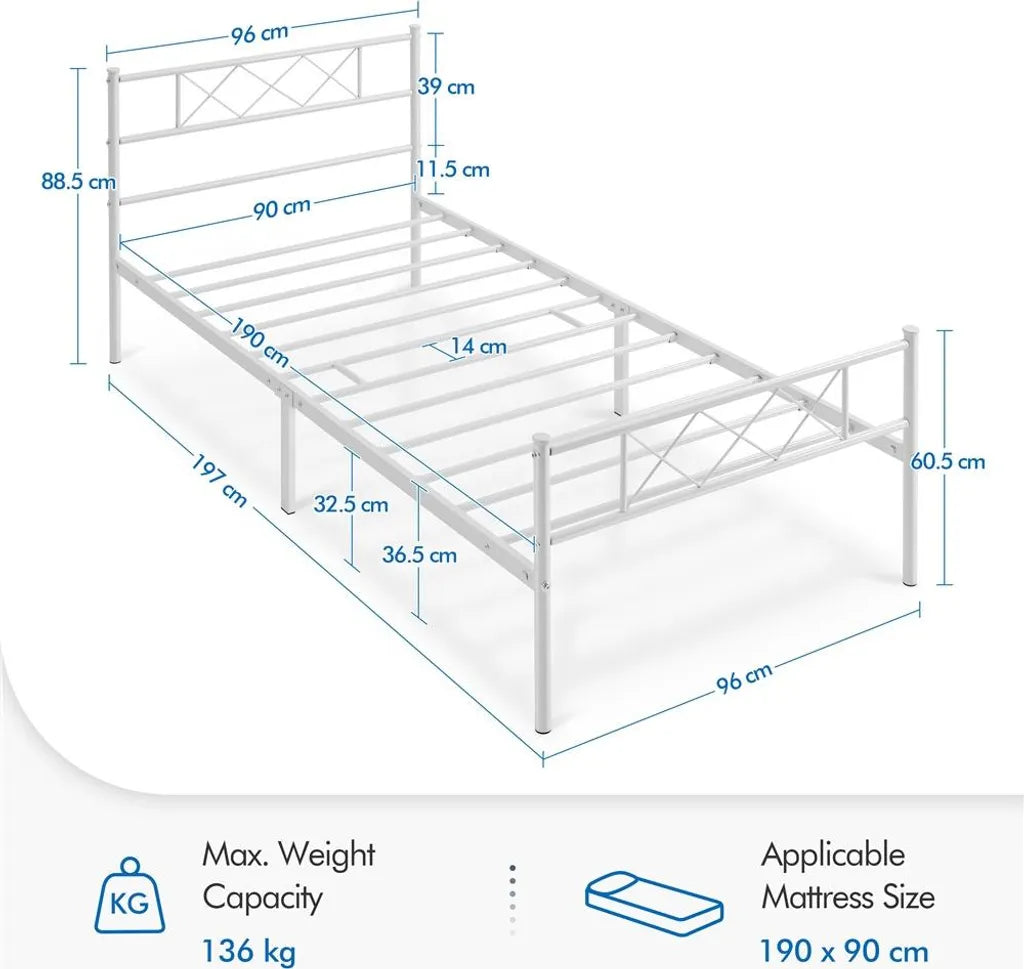Yaheetech Bedframe 90 × 190 cm – Wit Metaal – Eenpersoonsbed met X-Design Hoofdbord, Lattenbodem en 32,5 cm Opbergruimte