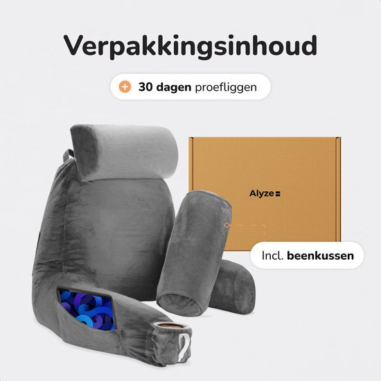 Leeskussen voor in bed - Goede houding in bed - Met 3 opbergvakken - Rugkussen voor onderrug - Bookseat voor bank - Grijs - Soft & Silky