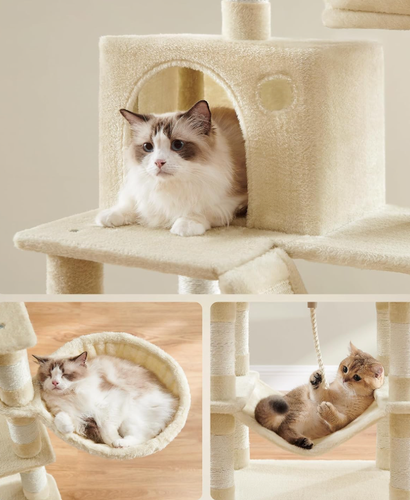 JoyFurnos Krabpaal XXL 168 cm - Kattenboom met 13 Krabpalen, 2 Kattenholen, Hangmat en Mand - Beige