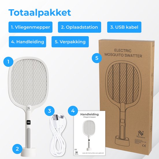 Nuvance Elektrische Vliegenmepper - Usb Oplaadbaar - Muggenlamp - met Display - Muggenstekker - Vliegenvanger - Vliegenlamp - Wit