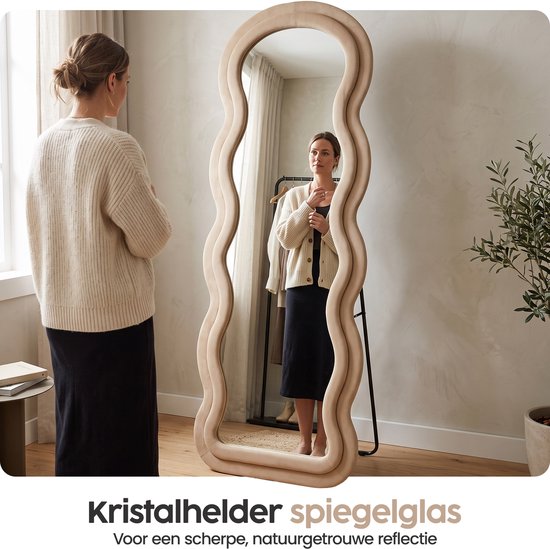 Infinity Goods Passpiegel Wavy - 160x60 cm - Design Wandspiegel - Gestoffeerde Staande Spiegel - Suède - Beige