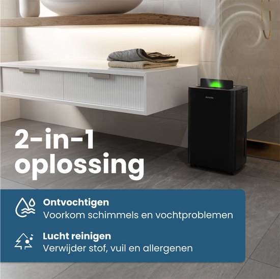 Auronic Luchtontvochtiger en Luchtreiniger - Compact Pro Plus - 12L - Slaapkamer, Badkamer, Woonkamer en Kantoor - Vochtopnemer voor in Huis - Zwart