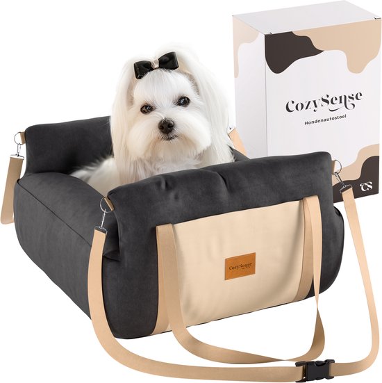 CozySense® Honden Autostoel - Hondenmand Auto voor Kleine Hond - Voorbank & Achterbank - Wasbare Hoes & Ook als Draagtas - Zwart/Beige