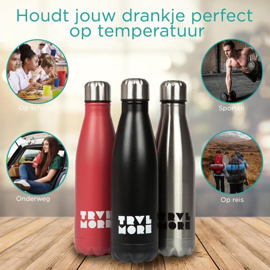 TravelMore Thermosfles - 500ml - RVS - Dubbelwandig - BPA-vrij - Zwart