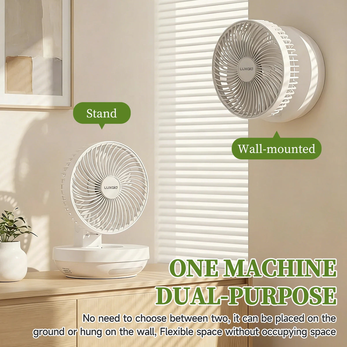 Luxaid Foldable Desk Fan with Remote, 4000 mAh Battery, Type-C Charging, 3 Speeds, 4 H Timer, Night Light, Wall-Mounted, Portable & Compact
