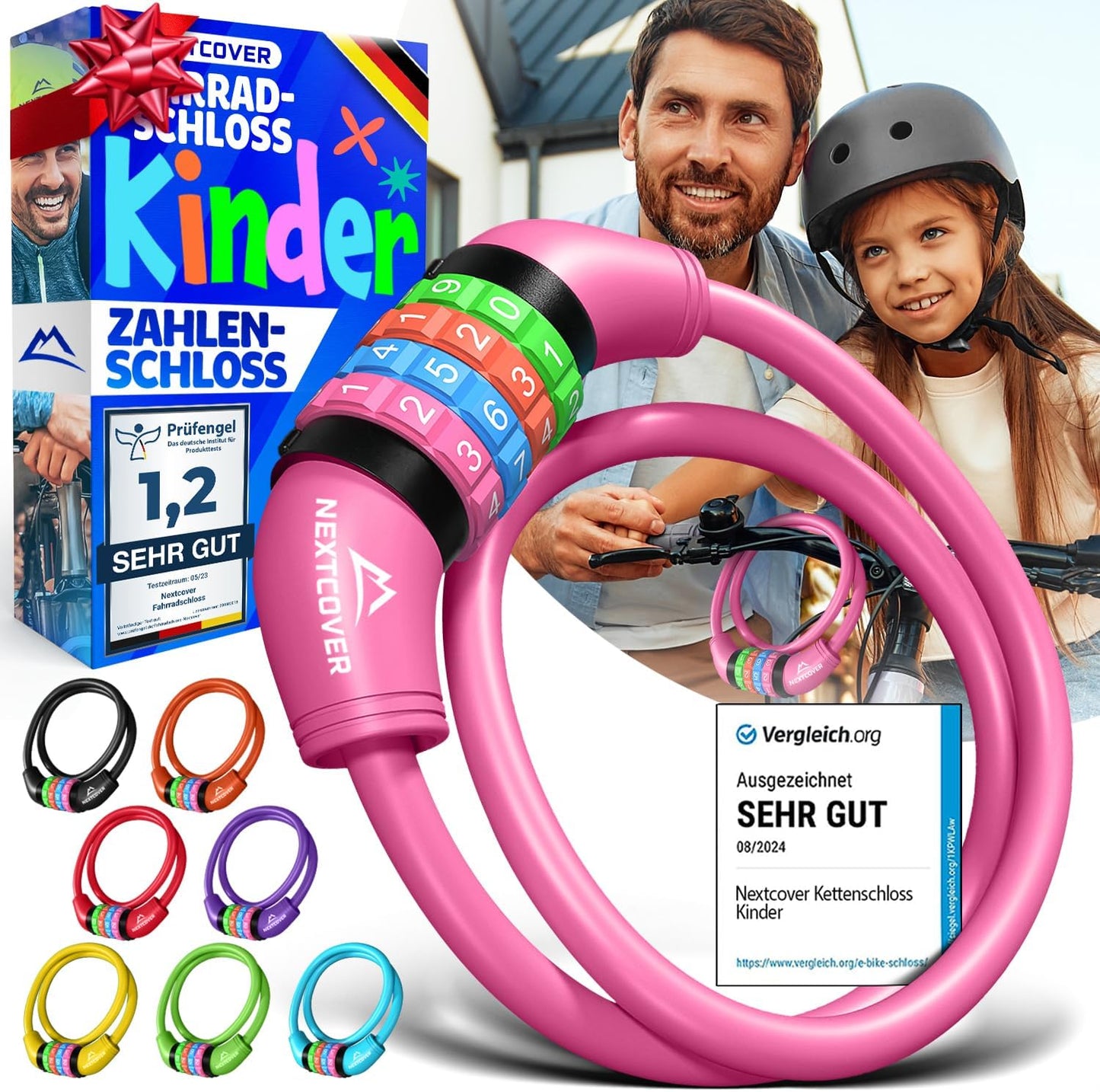 NEXTCOVER® Kinderfietsslot - 4-cijferige cijfercode - Combinatieslot fiets met kleurrijke cijfers - Scooterslot Extra robuust & veilig - Roze