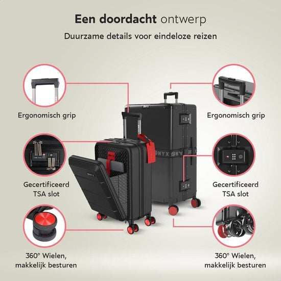 ONYX 2-delige Kofferset - Handbagage met voorvak en Check-in koffer - 35L/100 L - TSA slot - Lichtgewicht Trolley - Aluminium sluiting - Zwart