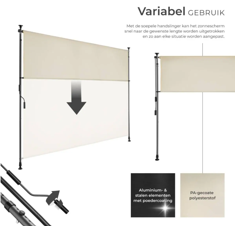 tectake Zonnescherm Taija - Klemzonwering met Zwengel - 200 x 310 cm - UV50+ - Beige